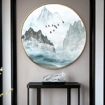 铝合金框金属圆形山水画高清微喷轻奢晶瓷画装饰画现代简约客厅样板房挂画