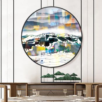 高档江南风景油画装饰画轻奢晶瓷画铝合金框现代简约挂画