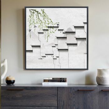 轻奢晶瓷高档江南风景水墨画装饰画铝合金框现代简约客厅样板房抽象玄关走廊挂画