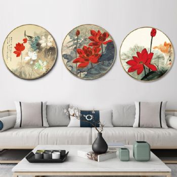 大红荷花水墨国画红红火火新中式轻奢晶瓷画装饰画玄关走廊挂画