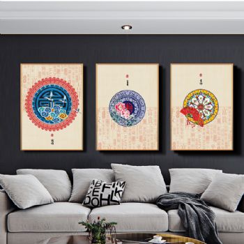 高档吉祥富贵福禄轻奢晶瓷画铝合金框现代新中式客厅挂画