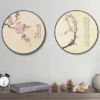 高档双联画新中式花鸟画轻奢晶瓷画国画圆形装饰画铝合金框挂画