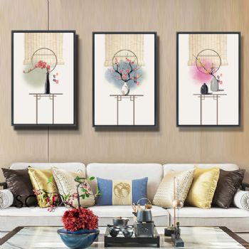 客厅三联画新中式现代简约高档轻奢晶瓷画铝合金框挂画