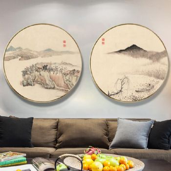 新中式高档古典山水轻奢晶瓷画装饰画铝合金双联画挂画