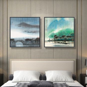 高档新中式装饰画丹青山水画轻奢晶画铝合金框现代挂画