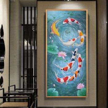 高档风水画九鱼图财运轮滚轻奢晶瓷画装饰画铝合金框新中式挂画