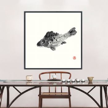 仿八大山人水墨国画孤傲的鱼高档轻奢晶瓷画装饰画铝合金框玄关走廊挂画