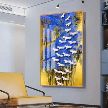 高档酒店客厅大厅新中式晶瓷画飞鹤金色麦田装饰画铝合金框
