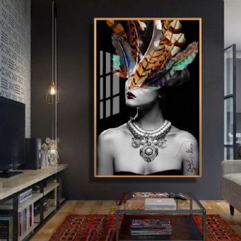 人物羽毛头饰美女画装饰画高档轻奢晶瓷画铝合金框现代简约挂画