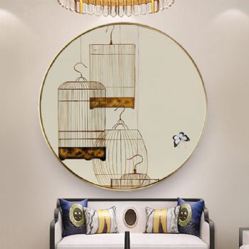 高档轻松休闲中式鸟笼工笔画轻奢晶瓷装饰画铝合金框现代简约挂画