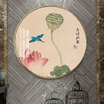 中国传统水墨国画莲蓬翠鸟水墨名家作品轻奢晶瓷画装饰画铝合金框