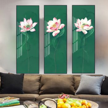 高档客厅三联画轻奢晶瓷装饰画荷花系列铝合金框挂画