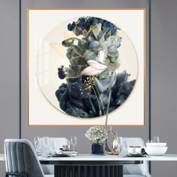 新中式金色荷花国画高档轻奢晶瓷装饰画玄关走廊挂画