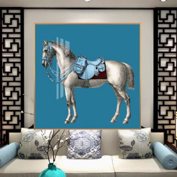高档轻奢蓝色的富贵宝马晶瓷画装饰画铝合金适合框现代简约客厅挂画