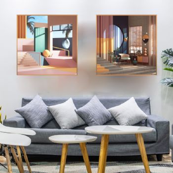 高档莫兰迪风格客厅装饰画轻奢晶瓷画铝合金框现代简约画