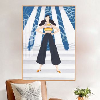 莫兰迪色系现代简约人物小清晰艺术轻奢晶瓷画装饰画铝合金框