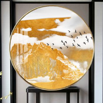 黄金山水画高档轻奢晶瓷画装饰画铝合金框新中式挂画