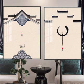 高档水墨轻奢晶瓷画装饰画新中式中华古建筑风格国画适合客厅走廊挂画