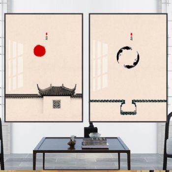 高档现代极简水墨古建筑装饰画轻奢晶瓷画铝合金框挂画