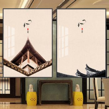 中国风新中式精品古建筑国画客厅挂画轻奢晶瓷装饰画玄关走廊挂画