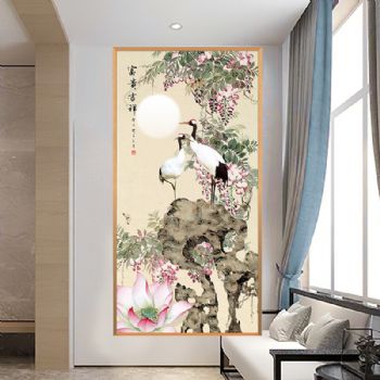 装饰画铝合金框富贵吉祥白鹤荷花长寿祝福图轻奢晶瓷画现代玄关走廊挂画