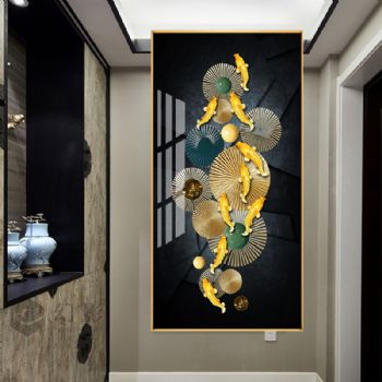 高档现代玄关装饰画九鱼图年年有余轻奢晶瓷画风水新中式画