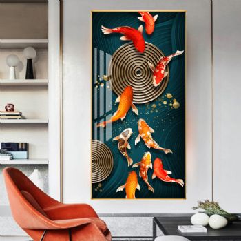 高档九鱼图风水新中式挂画轻奢晶瓷画玄关走廊挂画