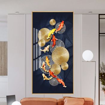 现代简约适合别墅客厅九鱼图装饰画轻奢晶瓷画装饰画铝合框