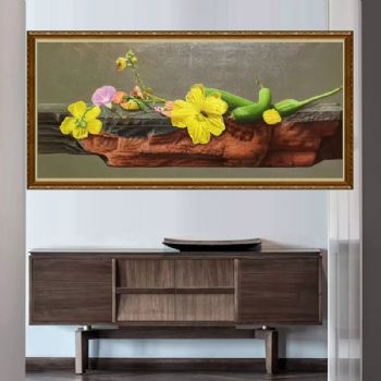 新中式手绘丝瓜与花朵写实油画适合餐厅客厅挂画实木外框油画
