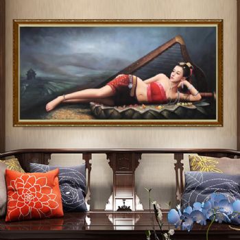 古典美女手绘写实人物油画适合酒店大厅挂画实木外框新中式油画