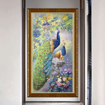 实力画家精品竖幅双孔雀油画作品适合酒店别墅玄关挂画手绘油画实木画框