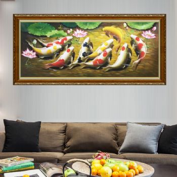 高档手绘九鱼图年年有余装饰画现代新中式手绘油画客厅样板房挂画