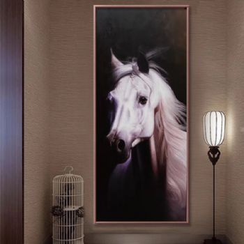 写实油画竖幅白马油画实力画家精品打造适合高档别墅酒店玄关挂画
