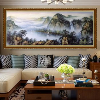 高端聚宝盆油画纯手绘中式山水风景客厅装饰画办公室风水挂画
