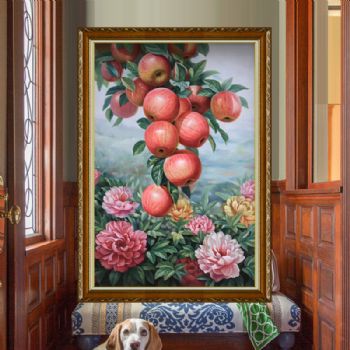 纯手绘手工写实油画苹果与牡丹寓意平平安安富贵吉祥油画实木画框
