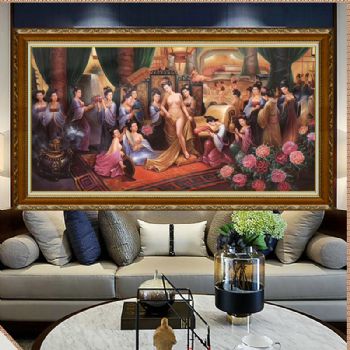 纯手绘大型人物油画贵妃沐浴图精品牡丹人物逼真形象适合酒店大厅挂画