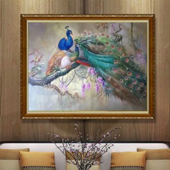 花鸟画孔雀紫滕花手绘油画适合客厅的精品油画实木画框