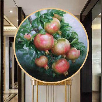 圆形手绘油画新中式石榴写实油画寓意多子多孙多福气适合玄关精品挂画