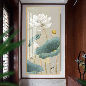 荷花新中式玄关装饰画竖版过道走廊客厅挂画