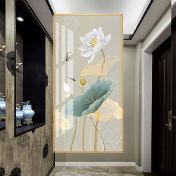 荷花寓意和和美美新中式年年有鱼玄关装饰画竖版过道走廊客厅挂画