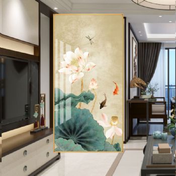 新中式荷花玄关装饰画竖版过道走廊客厅铝合金外框挂画