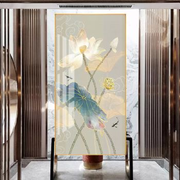 轻奢现代装饰画荷花新中式玄关装饰画竖版过道走廊客厅挂画
