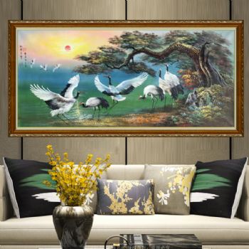 新中式手绘油画鹤寿千年迎客松不老松适合送长辈礼品实木框实力画家手绘