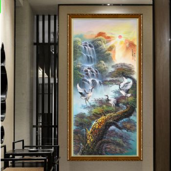 竖幅手绘油画新中式油画日出仙鹤图适合玄关挂画实木画框