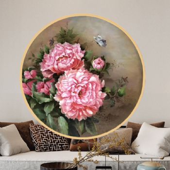 富贵吉祥花之王牡丹新中式油画纯手绘作品实木圆形外框玄关挂画