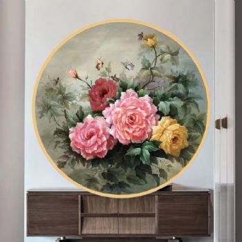 新中式富贵吉祥花之王牡丹油画纯手绘作品实木圆形外框客厅玄关挂画