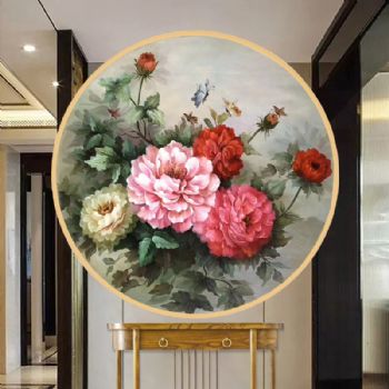 纯手绘新中式油画作品富贵吉祥牡丹油画实木圆形外框客厅玄关挂画