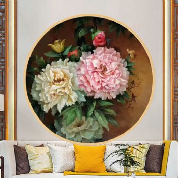 手绘油画新中式花卉油画牡丹玄关挂画花鸟装饰画客厅卧室床头画实木圆形框