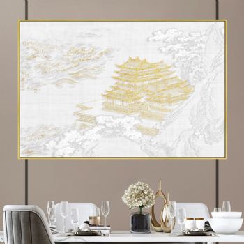 山水楼阁新中式3D浮雕肌理画现代玄关装饰画中式素雅客厅壁画立体浮雕挂画