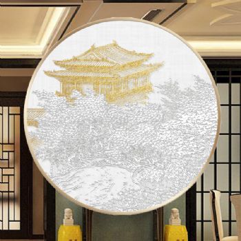 立体浮雕肌理画适合玄关装饰画中式客厅挂画现代流行素雅新中式圆形山水楼阁